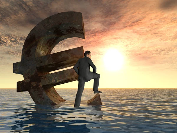 Euro symbol sinking in sea and businessman — Stock Photo, Image