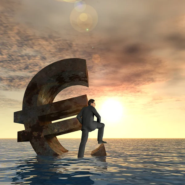 Conceptual 3D illustration currency euro symbol sinking in sea — Stock Photo, Image