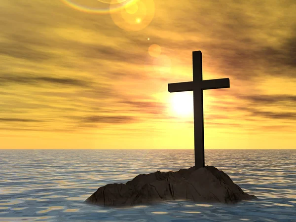 바다에 있는 바위에 기독교 십자가 — 스톡 사진