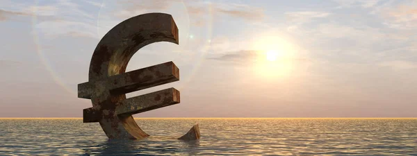 Sinal de moeda do euro afundando no oceano — Fotografia de Stock