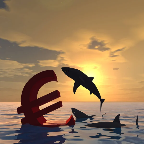 Símbolo do euro afundando no mar e tubarões — Fotografia de Stock