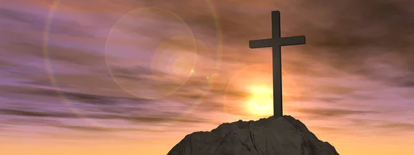 Símbolo cruz religiosa contra o céu por do sol — Fotografia de Stock