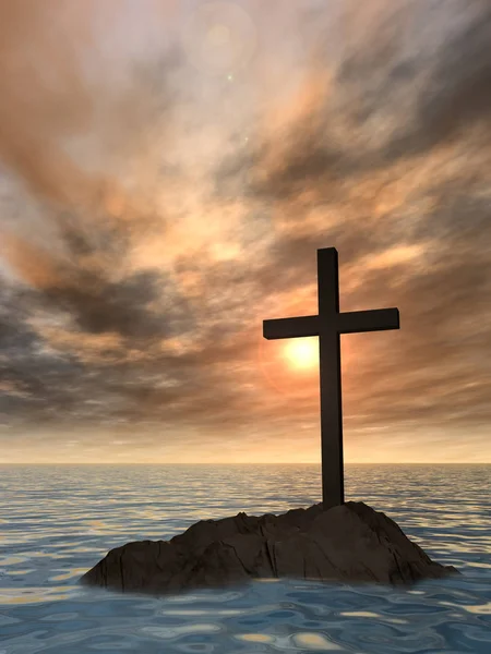 Croix chrétienne sur rocher en mer — Photo
