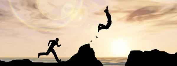 Jeune homme silhouette saut de falaise — Photo