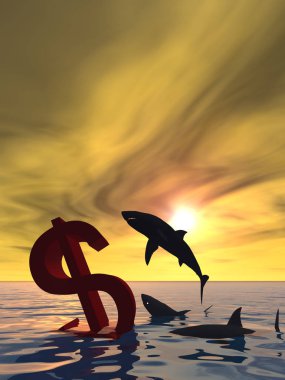 Deniz ve köpekbalıkları batan Doları sembolü