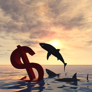 Deniz ve köpekbalıkları batan Doları sembolü