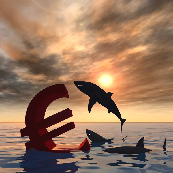 Eurosymbool zinken in de zee en haaien — Stockfoto