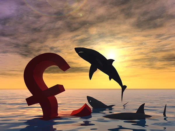 pound sterling symbol sinking in sea and sharks