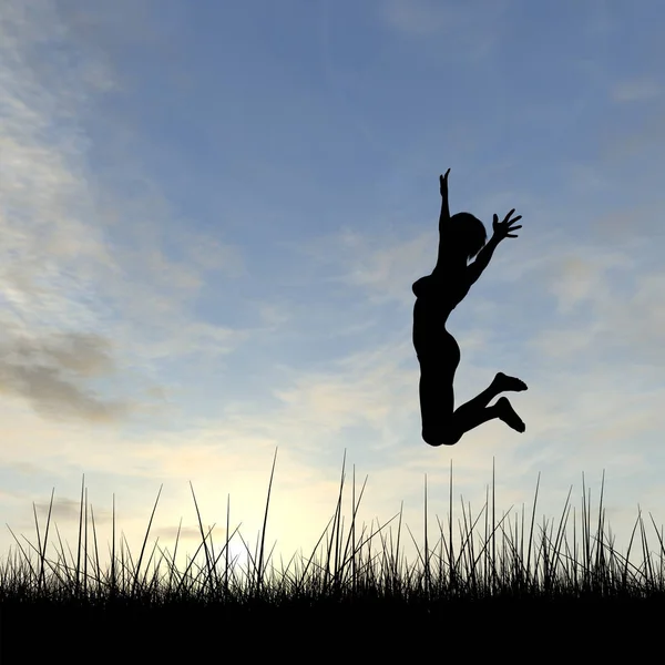 Frauensilhouette springt auf Rasenplatz — Stockfoto