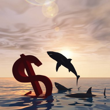 Deniz ve köpekbalıkları batan Doları sembolü