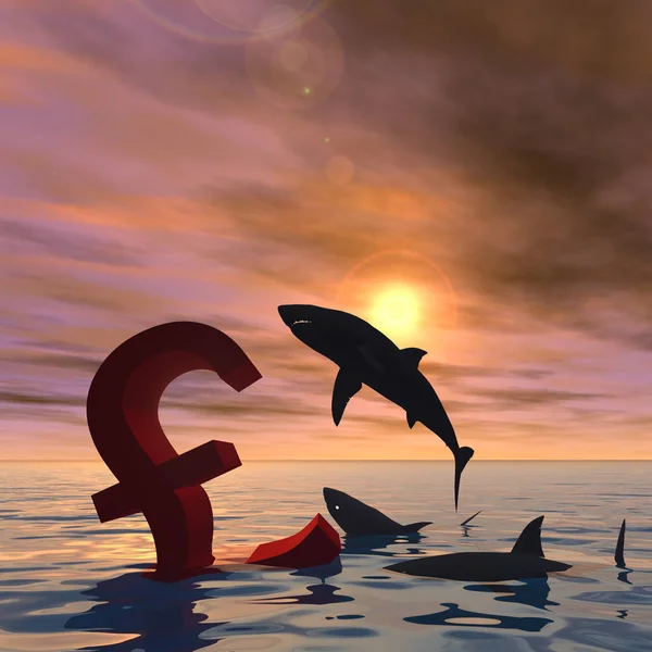 Pound sterling symbol sinking in sea and sharks — Stock Photo, Image