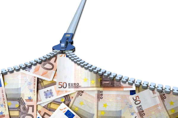 Застібка-блискавка над банкнотами євро — стокове фото