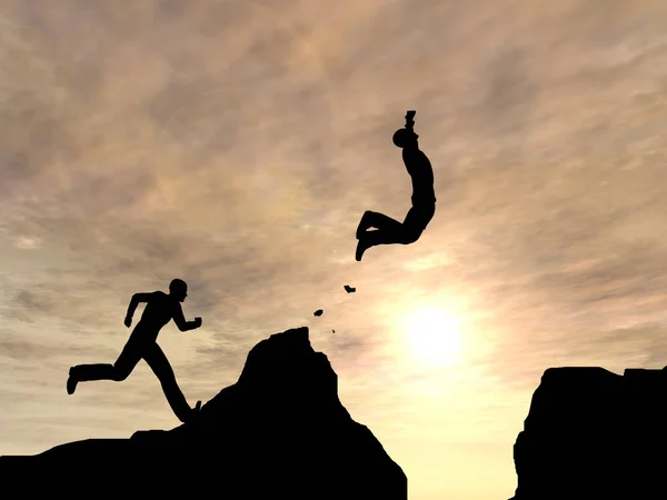 Businessman silhouette jump from cliff — Stock Photo, Image