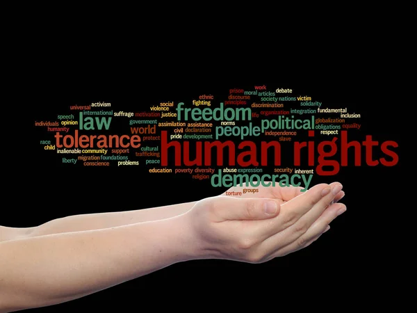 Human rights word cloud in hands — Stock Photo, Image