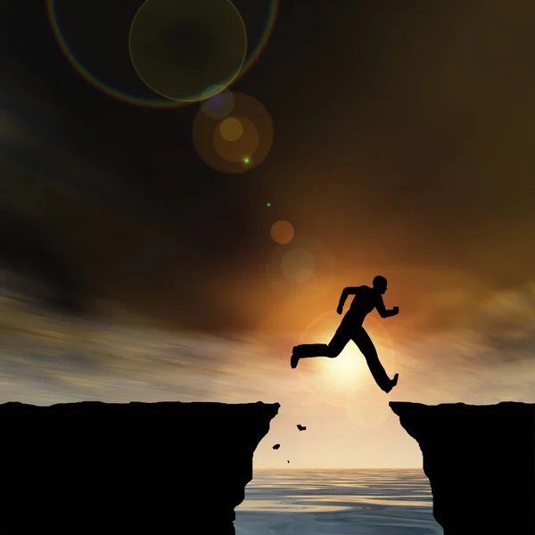 Businessman silhouette jump from cliff