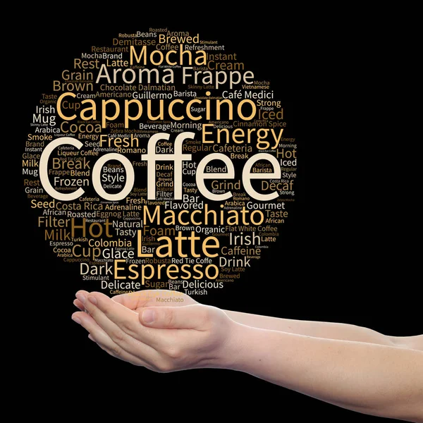 Coffee word cloud in hands — Stock Photo, Image