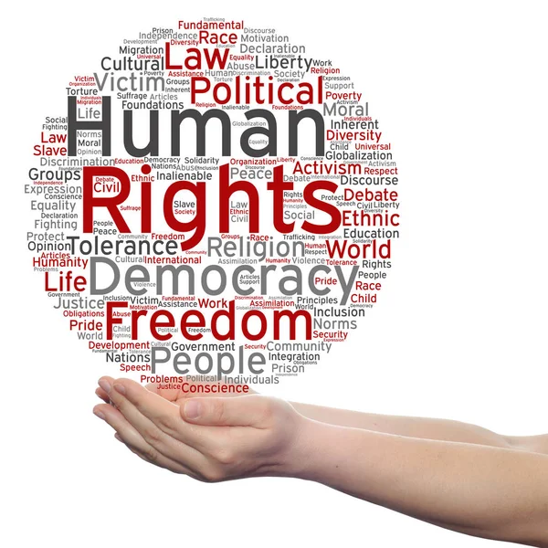 Mänskliga rättigheter word cloud i händer — Stockfoto