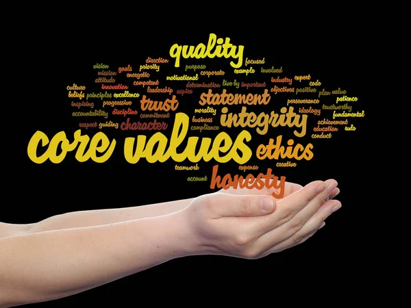 Core valores palabra nube en las manos — Foto de Stock