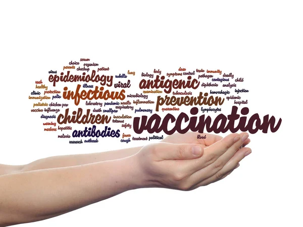 Vacinação nuvem palavra nas mãos — Fotografia de Stock