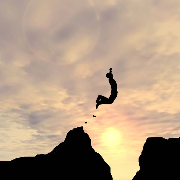 Man silhouette jump happy from cliff — Stock Photo, Image