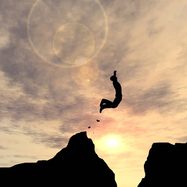 Man silhouette jump happy from cliff — Stock Photo, Image