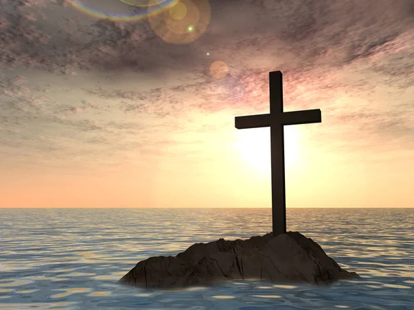Christian cross standing on rock — Stock Photo, Image