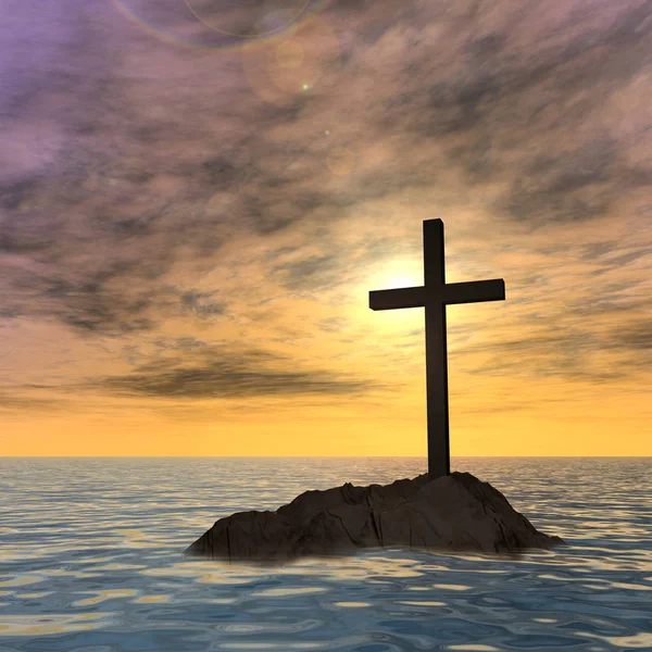 Croce cristiana in piedi sulla roccia — Foto Stock