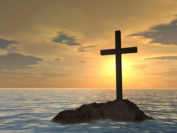 Christian cross standing on rock — Stock Photo, Image