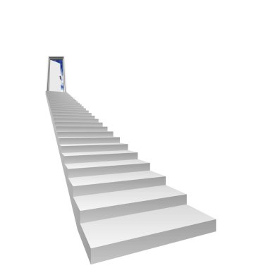 Kavram ya da kavramsal 3d merdiven, cennet veya din, iş, yol, mavi gökyüzü, beyaz arka plan üzerinde izole başarı için açılan bir kapı girişi, özgürlük, fırsat, ilerleme veya hedef