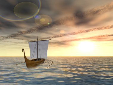 Kavram kavramsal eski gemi veya deniz ya da okyanus üzerinde bir gökyüzü bulutlar, doğa, yaz, tatil, turizm, yelken, tropikal, barış, ücretsiz Yatçılık için bir metafor olarak günbatımında güneş dalgalı suda yelkenli