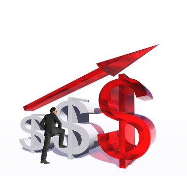 İş, finans, para, büyüme, başarı, hisse senedi, döviz ekonomi için bir metafor olarak işadamı beyaz zemin üzerine kavram kavramsal 3d kırmızı cam dolar simgesiyle yukarıyı gösteren ok izole