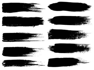 Sanatsal grungy siyah boya el yapılmış yaratıcı fırça darbesi topluluğu izole üzerinde beyaz arka plan ayarlayın. Soyut grunge skeçler tasarım eğitim veya grafik sanatı dekorasyon için bir grup