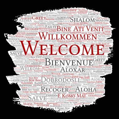 Kavramsal soyut Hoşgeldiniz veya tebrik uluslararası fırça veya kağıt kelime bulutu farklı dillerde veya çok dilli. Dünya, yabancı, dünya çapında seyahat, kolaj çevirmek, turizm tatil