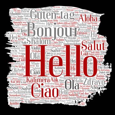Kavram ya da kavramsal fırça veya kağıt Merhaba veya uluslararası turizm kelime bulutu farklı dillerde veya çok dilli tebrik. Dünya, yabancı, dünya çapında seyahat, kolaj çevirmek, tatil