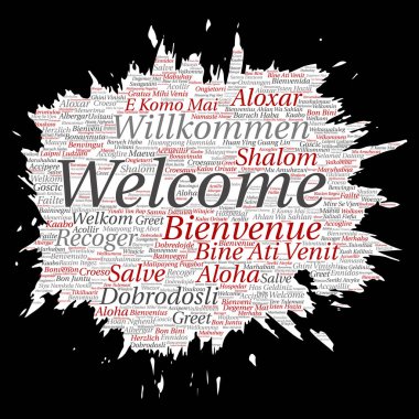 Kavramsal soyut Hoşgeldiniz veya tebrik uluslararası fırça veya kağıt kelime bulutu farklı dillerde veya çok dilli. Dünya, yabancı, dünya çapında seyahat, kolaj çevirmek, turizm tatil