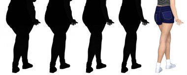 Kavramsal şişman kilolu obez kadın vs fit sağlıklı vücut Kilo kaybını takiben ince ya da diyet izole kas ince olan kadın. Fitness, beslenme veya şişmanlık obezite sağlık şekil 3d çizim