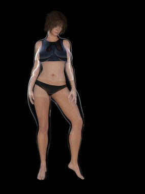 Kavramsal şişman kilolu obez kadın vs fit sağlıklı vücut Kilo kaybını takiben ince ya da diyet izole kas ince olan kadın. Fitness, beslenme veya şişmanlık obezite sağlık şekil 3d çizim