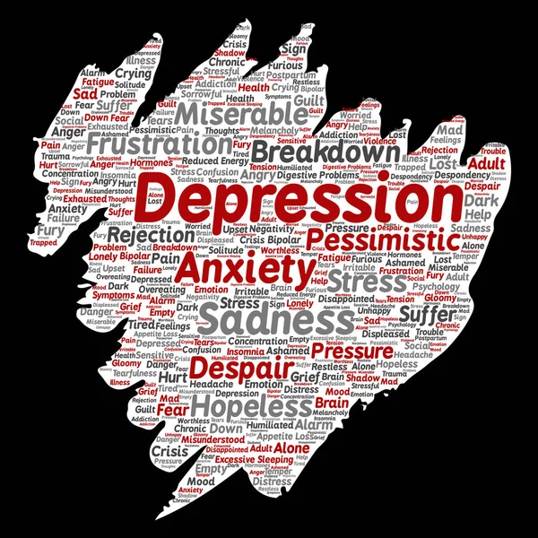Conceptual depression or mental emotional disorder problem paint brush or paper word cloud isolated background. Collage of anxiety sadness, negative sad, despair, unhappy, frustration symptom