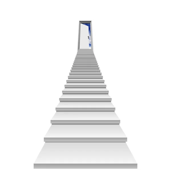 Koncept eller konceptuell 3d trappa, en öppnad dörr till paradiset eller framgång isolerat på vit bakgrund med en blå himmel, för religion, business, sätt, entré, frihet, möjlighet, framsteg eller mål — Stockfoto