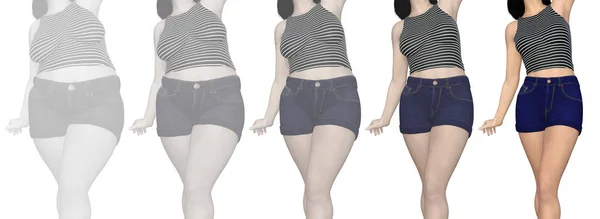 Εννοιολογική λίπος υπέρβαροι παχύσαρκα θηλυκό vs slim fit υγιές σώμα μετά από απώλεια βάρους ή δίαιτα με μυς λεπτή νεαρή γυναίκα απομονωμένη. Ένα γυμναστήριο, διατροφή ή fatness παχυσαρκία, υγεία σχήμα 3d απεικόνιση — Φωτογραφία Αρχείου