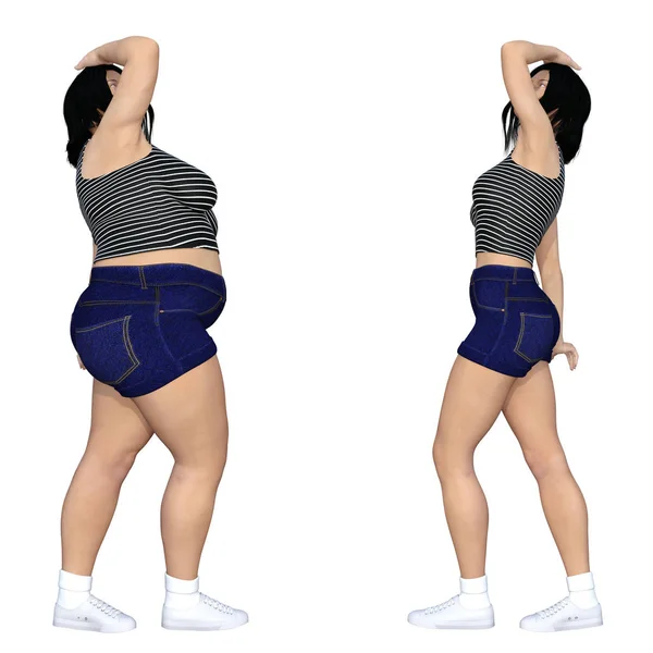 Концептуальный жир лишний вес толстая женщина против стройный подходят здоровое тело после потери веса или диеты с мышцами тонкой молодой женщины изолированы. Фитнес, питание или ожирение, 3D иллюстрация формы здоровья — стоковое фото