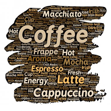 İtalyan kahve molası, cappuccino veya espresso restoran veya kafeterya fırça veya kağıt içecek kelime bulutu izole kavramsal yaratıcı sıcak sabah vektör. Enerji ya da tat içecek konsepti metin bir sıçrama