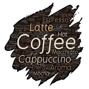 İtalyan kahve molası, cappuccino veya espresso restoran veya kafeterya fırça veya kağıt içecek kelime bulutu izole kavramsal yaratıcı sıcak sabah vektör. Enerji ya da tat içecek konsepti metin bir sıçrama