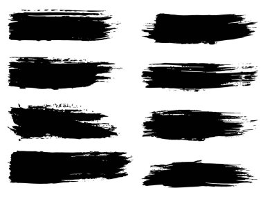 Beyaz arka planda sanatsal grungy siyah el vektör koleksiyonu, yaratıcı fırça darbesi setini izole etti. Tasarım eğitimi veya grafik sanat dekorasyonu için bir grup soyut grunge çizimi