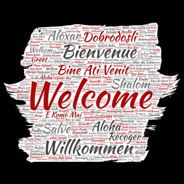 Vektör kavramsal soyut Hoşgeldiniz veya tebrik uluslararası fırça veya kağıt kelime bulutu farklı dillerde veya çok dilli. Dünya, yabancı, dünya çapında seyahat, kolaj çevirmek, turizm tatil
