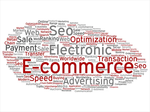Έννοια ή εννοιολογική ηλεκτρονικές πωλήσεις E-commerce αφηρημένη σύννεφο λέξεων που απομονώνονται σε φόντο αλληγορία για seo, βελτιστοποίηση, συναλλαγή, web διαφήμιση, ηλεκτρονικό επιχειρείν, τεχνολογία, σε παγκόσμια κλίμακα παροχή — Διανυσματικό Αρχείο
