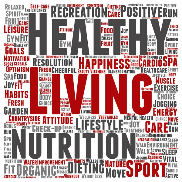 Θετική διατροφή υγιεινή διαβίωση ή άθλημα τετράγωνο λέξη σύννεφο — Διανυσματικό Αρχείο