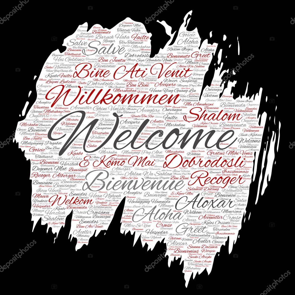Vector conceptual abstract welcome or greeting international brush or paper word cloud in different languages or multilingual. Collage of world, foreign, worldwide travel, translate, vacation tourism