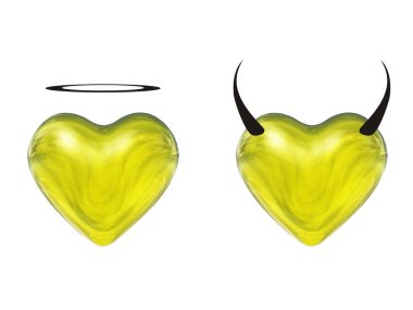 Beyaz arka plan üzerinde izole yüksek çözünürlüklü kavramsal sarı 3d kalpler. Bir küme, grup veya topluluğu aşk sembolleri olarak melek ve şeytan, tatil, din tasarımlar için olabilir. Metafor olarak soyut şekiller
