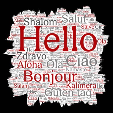 Kavram ya da kavramsal fırça veya kağıt Merhaba veya uluslararası turizm kelime bulutu farklı dillerde veya çok dilli tebrik. Dünya, yabancı, dünya çapında seyahat, kolaj çevirmek, tatil